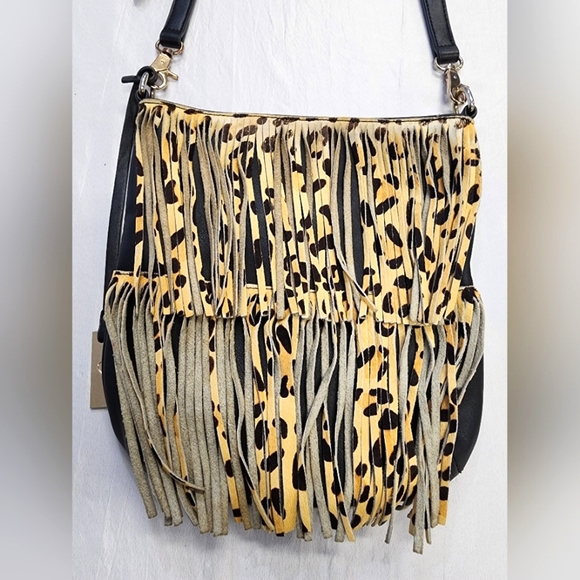 Urban Orginal Women's Brown/Black Leather Fringe  Animal Print Crossbody Bag - Picture 3 of 16